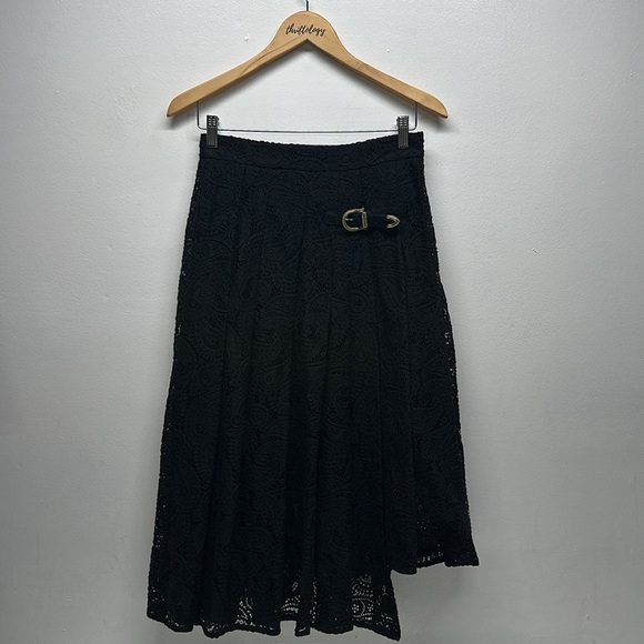 Maje Jalilo Skirt Buckled Asymmetric Hem Pleated Guipure Lace Midi Black Size 40 - Picture 3 of 12